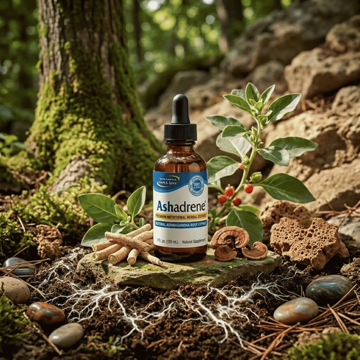 Ashadrene on a stone in a forest, surrounded by dried roots, reishi mushrooms, and a green plant on soil with visible mycelium.